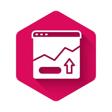 Beyaz Finansal büyüme ikonu uzun gölgeli arka planda izole edildi. Gelirleri arttırıyorum. Pembe altıgen düğmesi. Vektör