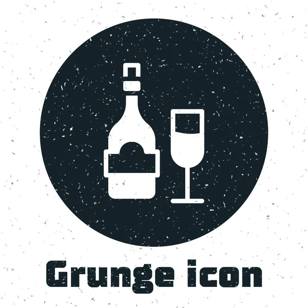 Garrafa Grunge Champagne com ícone de vidro isolado no fundo branco. Desenho vintage monocromático. Vetor —  Vetores de Stock