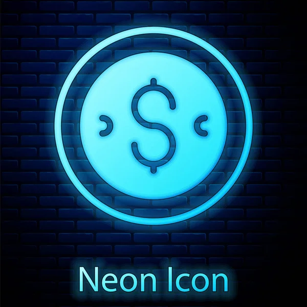 Leuchtendes Neon-Münzgeld mit Dollarsymbolsymbol isoliert auf Ziegelwand-Hintergrund. Zeichen der Bankenwährung. Cash-Symbol. Vektor — Stockvektor