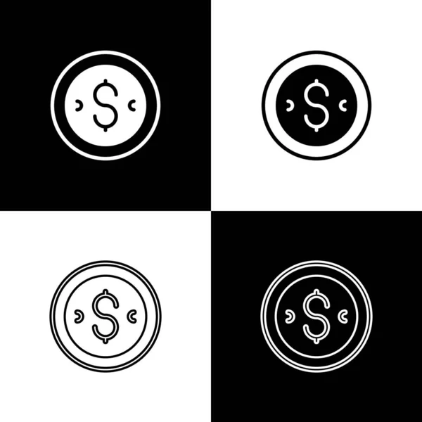 Set muntgeld met dollarsymbool pictogram geïsoleerd op zwart-wit achtergrond. Bancaire munt teken. Contant symbool. Vector — Stockvector