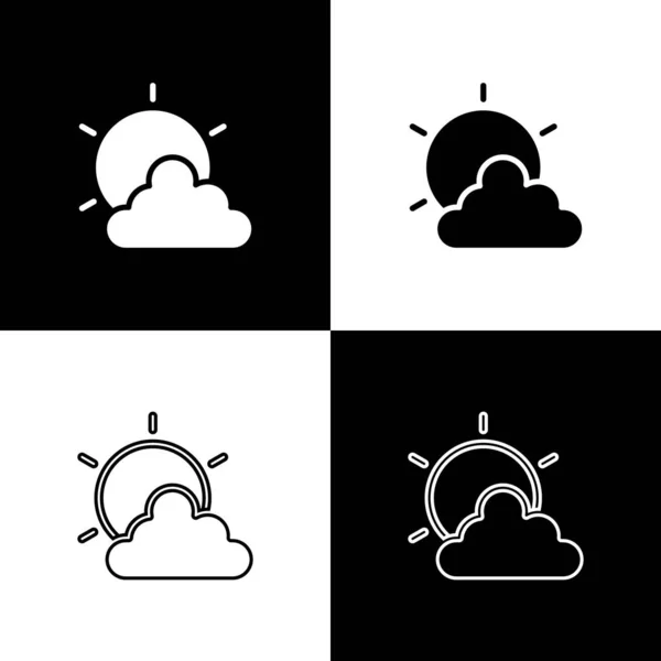 Setzen Sonne und Wolken Wetter-Symbol isoliert auf schwarz-weißem Hintergrund. Vektor — Stockvektor