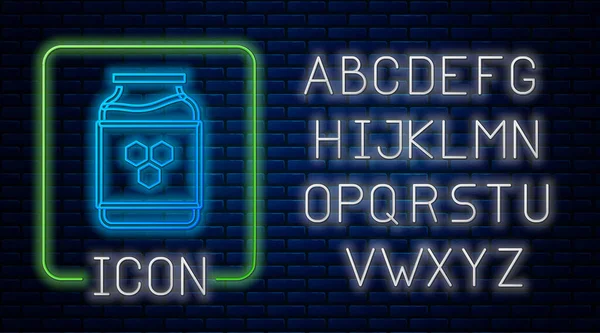 Néon brilhante Jar de mel ícone isolado no fundo da parede de tijolo. Banco de alimentos. Doce símbolo de comida natural. Alfabeto claro de néon. Vetor — Vetor de Stock