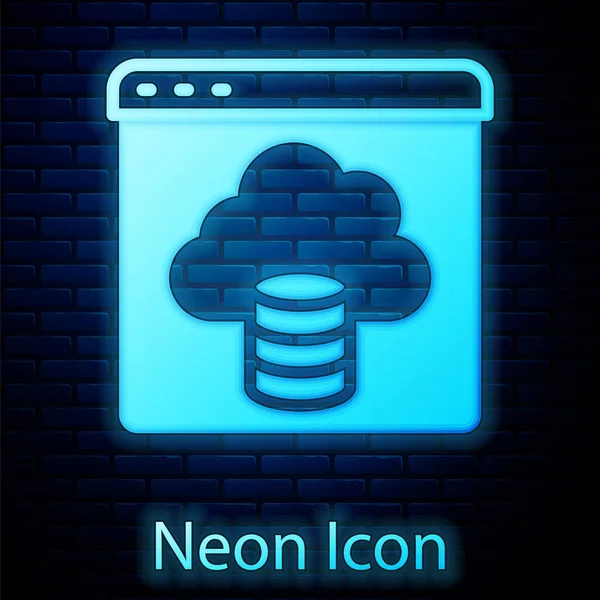 Leuchtende Neon-Cloud-Technologie Datentransfer und Speichersymbol isoliert auf Ziegelwand Hintergrund. Vektor — Stockvektor