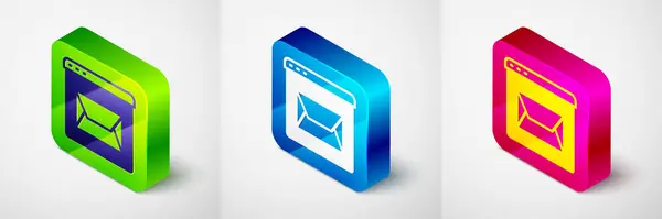 Isometric Website and envelope, new message, mail icon 을 회색 배경에서 분리 합니다. 이메일 뉴스 레터, 헤더, 블로그 게시물을 이용할 수있습니다. 스퀘어 버튼이요. Vector — 스톡 벡터