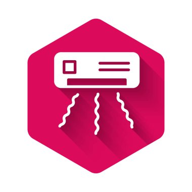 Beyaz Klima simgesi uzun gölge arkaplanı ile izole edildi. Sistemin havalandırmasını böl. Soğuk ve soğuk iklim kontrol sistemi. Pembe altıgen düğmesi. Vektör