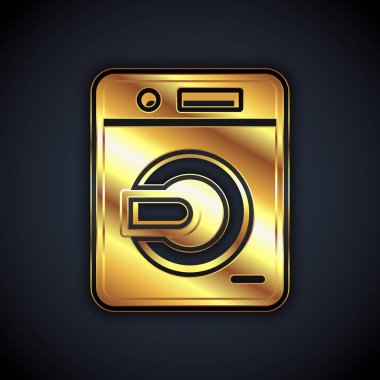 Siyah arkaplanda altın yıkama ikonu izole edildi. Çamaşır makinesi simgesi. Çamaşır makinesi, çamaşır makinesi. Ev aletleri sembolü. Vektör