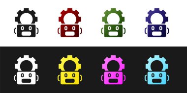 Robot ayar simgesini siyah beyaz arkaplanda izole et. Yapay zeka, makine öğrenme, bulut hesaplama. Vektör