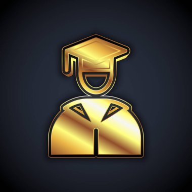 Altın mezuniyet ve mezuniyet şapkası simgesi siyah arka planda izole edilmiş. Vektör
