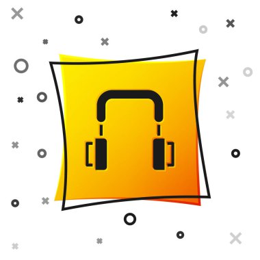 Siyah kulaklık simgesi beyaz arkaplanda izole edilmiş. Kulaklıklar. Müzik, hizmet, iletişim ve operatör konsepti. Sarı kare düğme. Vektör