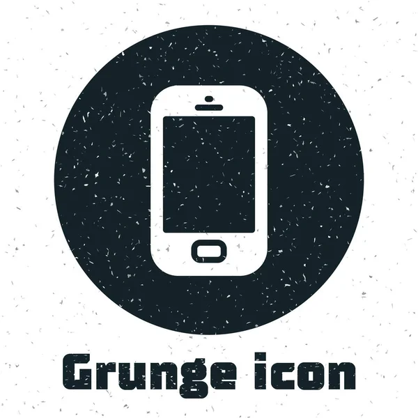 Grunge Smartphone, icono del teléfono móvil aislado sobre fondo blanco. Dibujo vintage monocromo. Vector — Vector de stock