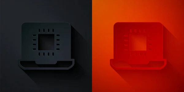 Corte de papel Processador de computador com microcircuitos Ícone de CPU isolado em fundo preto e vermelho. Chip ou cpu com placa de circuito. Micro processador. Estilo de arte de papel. Vetor — Vetor de Stock
