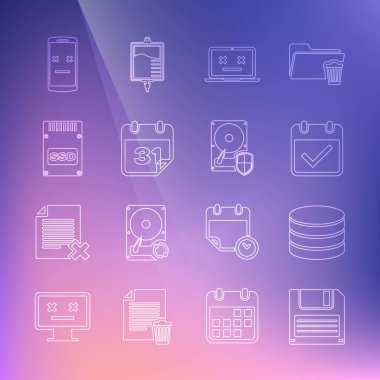 Satır satırı Disket, Veritabanı, İşaretli Takvim, Ölü dizüstü bilgisayar, SSD kart, mobil ve sabit disk koruma simgesi. Vektör