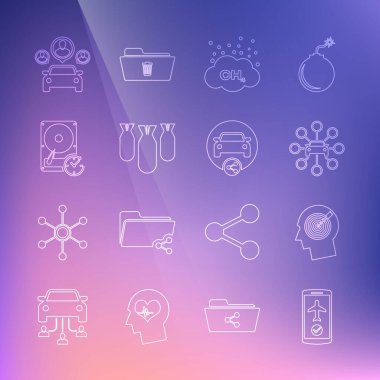 Hat uçuş modunu mobil, kafa avlama konsepti, araba paylaşımı, metan emisyonunu azaltma, hava bombaları, saat yönünde sabit disk sürücüsü ve ikon olarak ayarlayın. Vektör