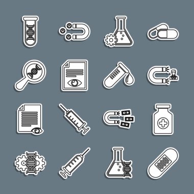 Bandaj bandı, ilaç şişesi, müşteri çekimi, biyomühendislik, göz, DNA araştırması, arama ve kan tüpü ikonu içeren kağıt sayfası. Vektör