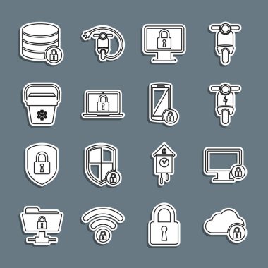 Hat Cloud bilgisayar kilidini ayarlayın, monitöre kilitlenin, elektrikli scooter, dizüstü bilgisayar ve soğutucu çantası, sunucu güvenliği ve akıllı telefon simgesi. Vektör