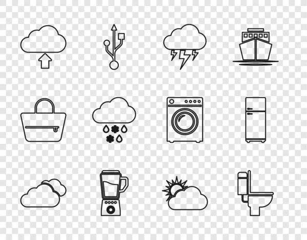 Set line Cloud, Toilet bowl, Storm, Blender, upload, with snow and rain, Sun cloud weather and Refrigerator icon. Vector — Stock Vector