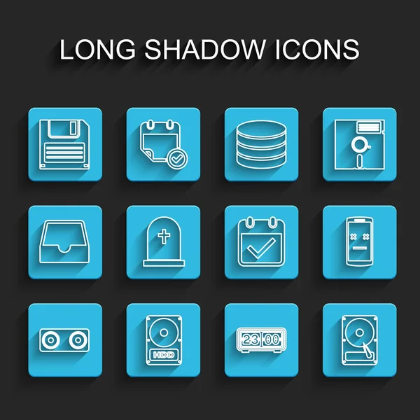 设定线立体声扬声器，硬盘驱动器HDD，软盘，复古翻转时钟，墓碑与交叉，死亡手机和日历检查标志图标。B.病媒 — 图库矢量图片