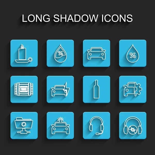 設定ラインFTP同期更新、警察の車やフラッシャー、キャンドルスティックでろうそくを燃焼、マイク、 CDやDVD 、電気、車のサービスとワインアイコンのボトルとヘッドフォン。ベクトル — ストックベクタ