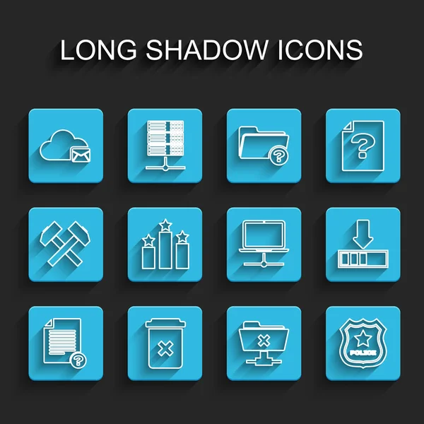 Definir linha Documento desconhecido, Lixeira, Servidor de e-mail na nuvem, Operação de cancelamento de FTP, Emblema de polícia, Estrela de classificação, Carregando e Ícone de rede de computador. Vetor — Vetor de Stock