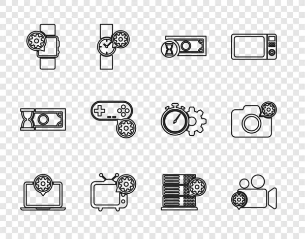 Dizüstü bilgisayar ayarları, video kamera, hızlı ödemeler, TV, Smartwatch, Gamepad, Sunucu ve Fotoğraf simgesi. Vektör