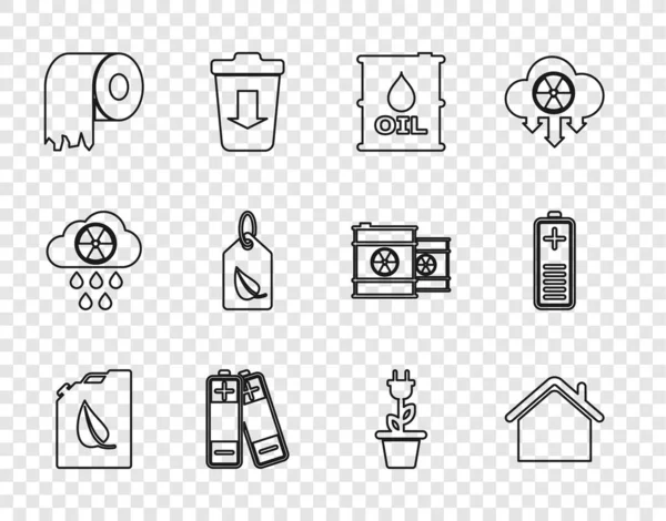 Set line Biokraftstoffkanister, Haus, Ölfass, Batterie, Toilettenpapierrolle, Etikett mit Blatt, Elektrische Sparstecker in Topf und Ladestandsanzeige Symbol. Vektor — Stockvektor