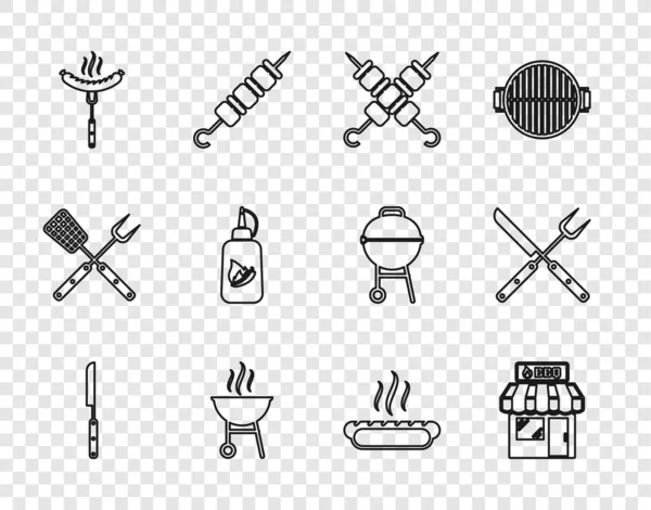 Set line Barbecue Messer, Einkaufszentrum, Gegrillter Schaschlik, Grill, Wurst auf der Gabel, Ketchup-Flasche, Hotdog-Sandwich und Crossed-Symbol. Vektor — Stockvektor