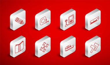 Hat Arrow, Rulet inşaatı, otobüs durağı, cetvel, mezura, kalem, piksel okları dört yönlü ve açık kitap simgesi. Vektör