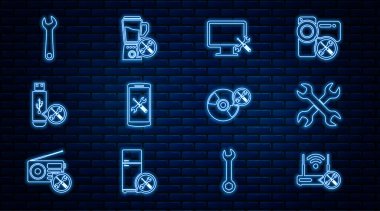 Hat Router kablosuz bağlantısını servis, çapraz anahtarlar, bilgisayar monitörü, Smartphone, USB flash disk, İngiliz anahtarı, CD DVD diski ve Blender simgesi ile ayarla. Vektör