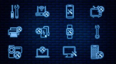 Hat Mobil Uygulama Servisi, İngiliz Anahtarı, Akıllı Telefon, Elektrik Bankası, Yazıcı, Tornavida ve İngiliz Anahtarı, Akıllı ve Yönlendirici Wi-Fi ikonlu. Vektör