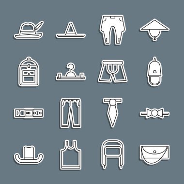 Sırt çantası, papyon papyonu, papyon papyonu, papyon, pantolon, elbise dolabı, sırt çantası, Oktoberfest şapkası ve erkek iç çamaşırı ikonu. Vektör