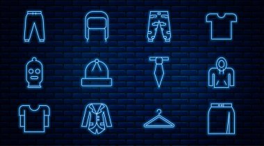 Düz çizgi, etek, kapüşon, kamuflaj kargo pantolonu, kış şapkası, kar maskesi, spor, kravat ve kulaklık ikonu. Vektör