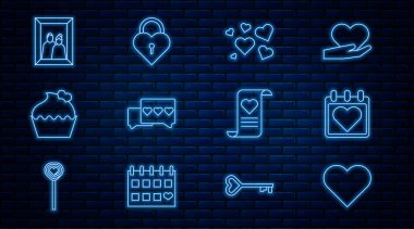 Kalp Hattı, Kalple Takvim, düğün pastası, resim çerçevesi, Envelope Valentine ve Castle ikon şeklinde. Vektör