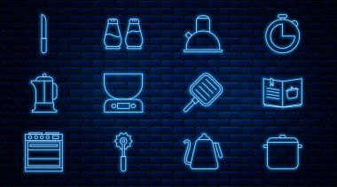 Hattı kur, tencere, yemek kitabı, kabzalı kettle, elektronik pullar, Fransız presi, Bıçak, kızartma tavası ve tuz biberi ikonu. Vektör