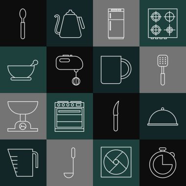 Mutfak zamanlayıcısı, tepsi, Spatula, Buzdolabı, elektrikli karıştırıcı, havan topu ve tokmak, kaşık ve kahve bardağı ikonu ile kaplı. Vektör