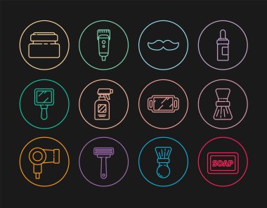 Köpüklü sabun, tıraş fırçası, bıyık, kuaför tabancası sprey şişesi, el aynası, krem losyon kozmetik tüp ve elektrikli saç kesme makinesi ikonu. Vektör