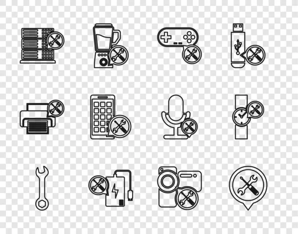 Set line moersleutel, Locatieservice, Gamepad, Power bank, Database server, mobiele apps, videocamera en polshorloge pictogram. Vector — Stockvector