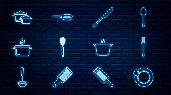 Set line Platos de lavado, tenedor, cuchillo, batidor de cocina, olla de cocina e icono de sartén. Vector — Archivo Imágenes Vectoriales
