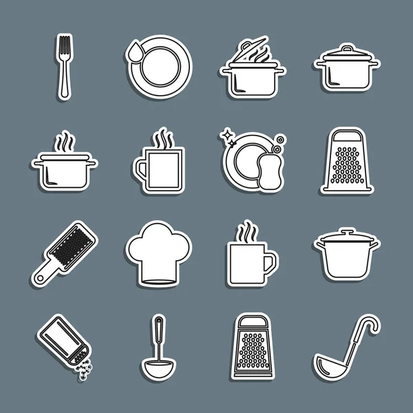 세트 라인 키친 국자, 요리 팟,그 레이터, 커피 컵, 포크와 씻는 접시 아이콘. Vector — 스톡 벡터