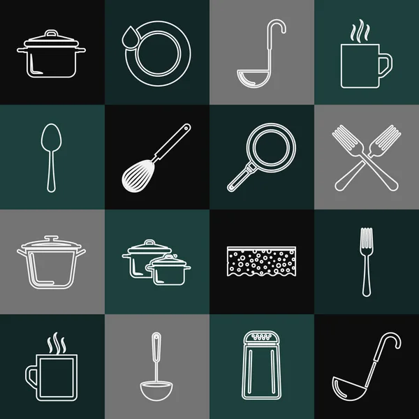 Set Küchenlöffel, Gabel, Gabel, Schneebesen, Löffel, Kochtopf und Pfanne Symbol. Vektor — Stockvektor