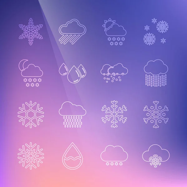 Définir la ligne Nuage avec neige, flocon de neige, pluie et soleil, goutte d'eau, lune et icône. Vecteur — Image vectorielle