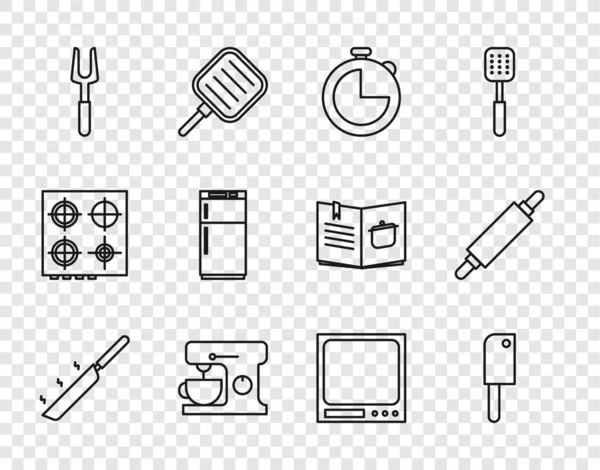 Set-Linie Bratpfanne, Fleischhacker, Küchen-Timer, Elektro-Mixer, Grillgabel, Kühlschrank, elektronische Waage und Nudelholz-Symbol. Vektor — Stockvektor