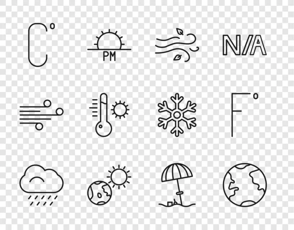 Ställ in linje Moln med regn, jordklotet, vind och sol, Celsius, meteorologi termometer, sol skyddande paraply för stranden och Fahrenheit ikon. Vektor — Stock vektor