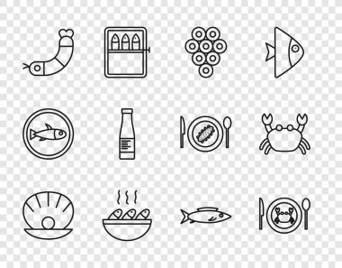 İncili kabuk, tabakta yengeç, havyar, balık çorbası, karides, sos şişesi ve yengeç ikonu. Vektör