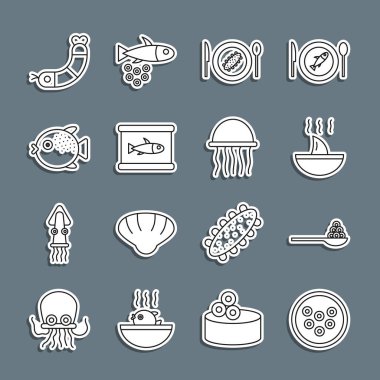 Bir tabakta havyar, kaşık, köpekbalığı yüzgeci çorbası, salatalık, konserve balık, kirpi, karides ve denizanası ikonu. Vektör