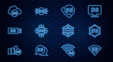 5G ağı, Telefon, İşlemci, Modem, Bulut, Sosyal ve Simge 'yi ayarla. Vektör