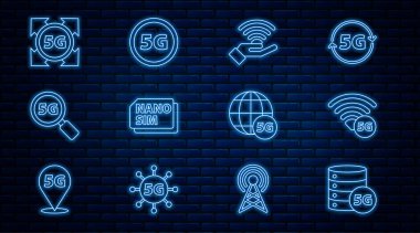 Satır Server 5G ağı, Nano Sim Kart, Arama ve simge ayarla. Vektör