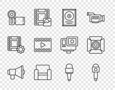 Set hattı Megaphone, Mikrofon, CD disk ödülü, sinema koltuğu, kamera, Play Video ve spot ışık ikonu. Vektör