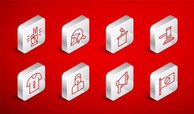 Hat protestosu, polis miğferi, sahne standı ya da tribünü, yargıç tokmağı, megafon, iki parmak gösteren el, konuşma özgürlüğü ve tişört protesto ikonu. Vektör