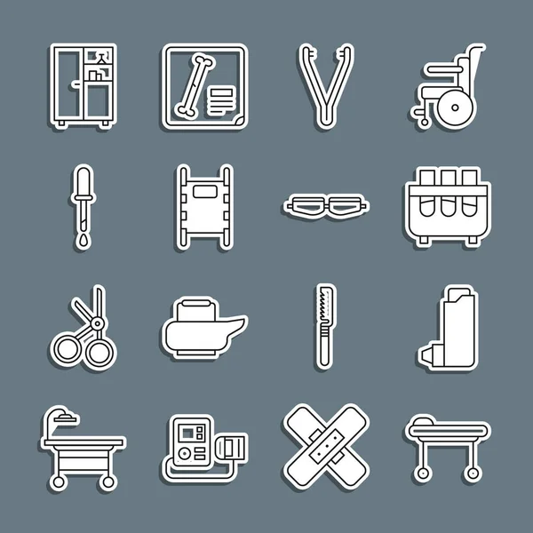 Set lijn Stretcher, inhalator, reageerbuis en kolf, medische pincet, pipet, medicijnkastje en veiligheidsbril icoon. Vector — Stockvector