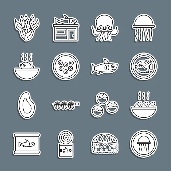 Establecer línea medusa en un plato, sopa de pescado, Puffer, pulpo, caviar, algas marinas y tiburón icono. Vector — Vector de stock